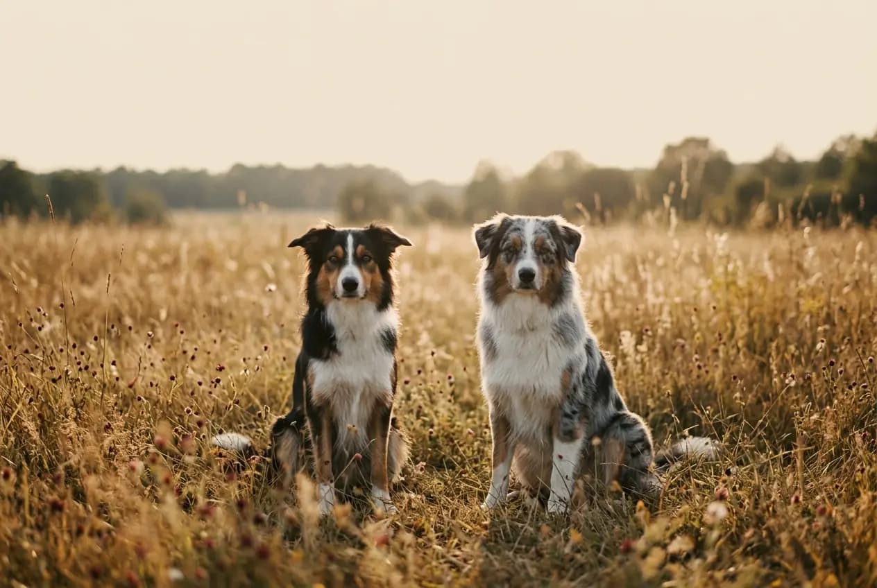 Un Berger Australien et un Border Collie côte à côte dans une prairie de Sologne en lumière dorée